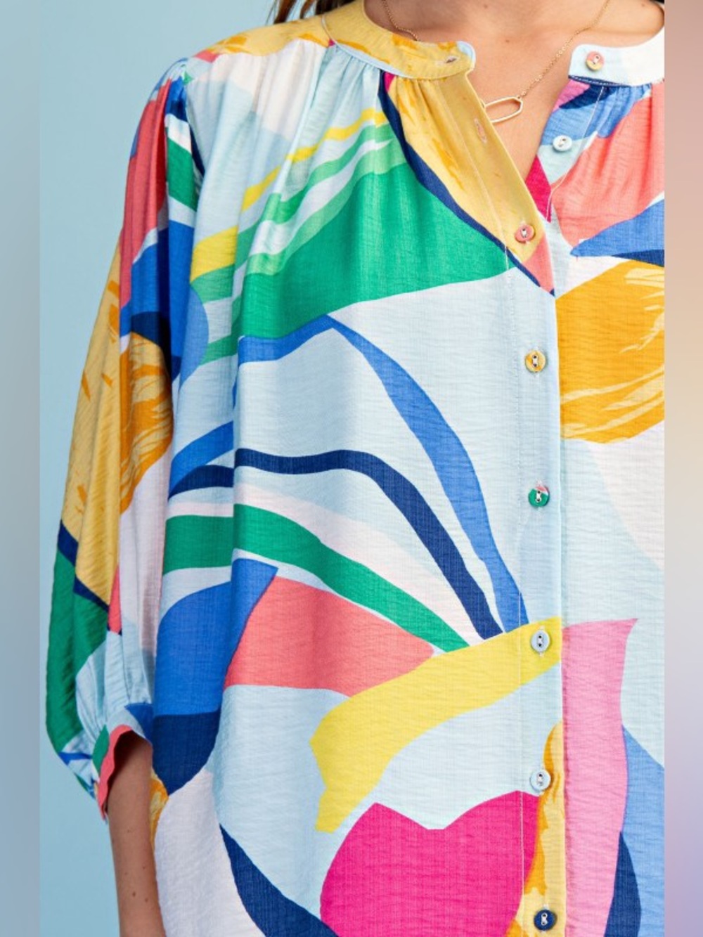 Colorful Abstract Button-Front Blouse - Picture 3 of 7
